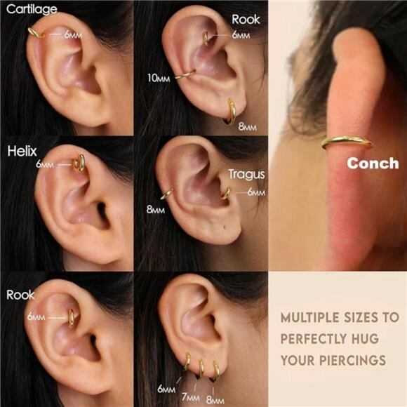 Small gold huggie hoop earrings set hypoallergenic 14k gold plated cartilage - Picture 4 of 7